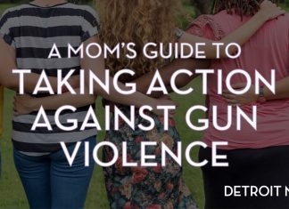 moms with hands around each other's backs with the text a mom's guide to taking action against gun violence