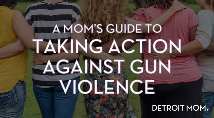 moms with hands around each other's backs with the text a mom's guide to taking action against gun violence