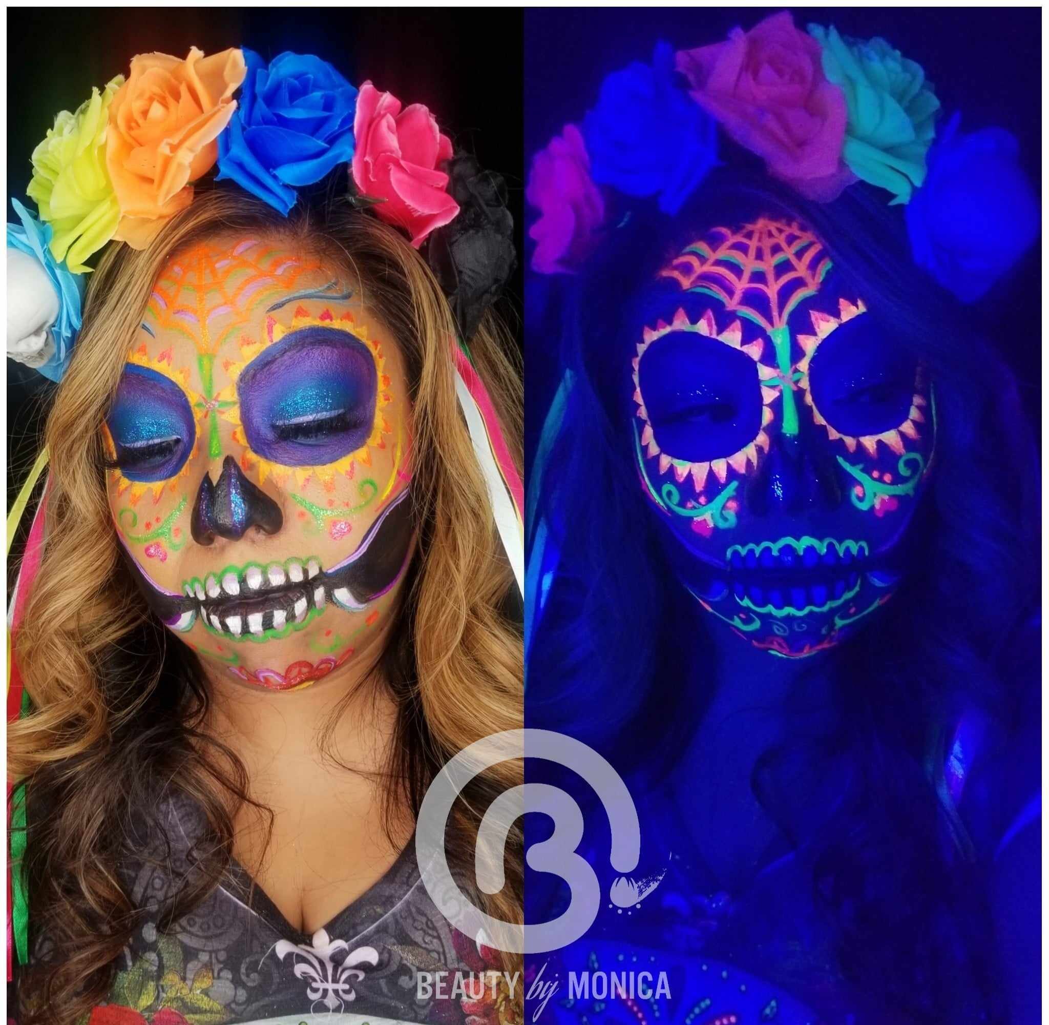 A woman with a flower crown and brightly colored decorative and skeletal makeup on her face is shown in light on the left side. On the right, the same woman with the same makeup is shown under a black light displaying beautiful glowing neon colors.