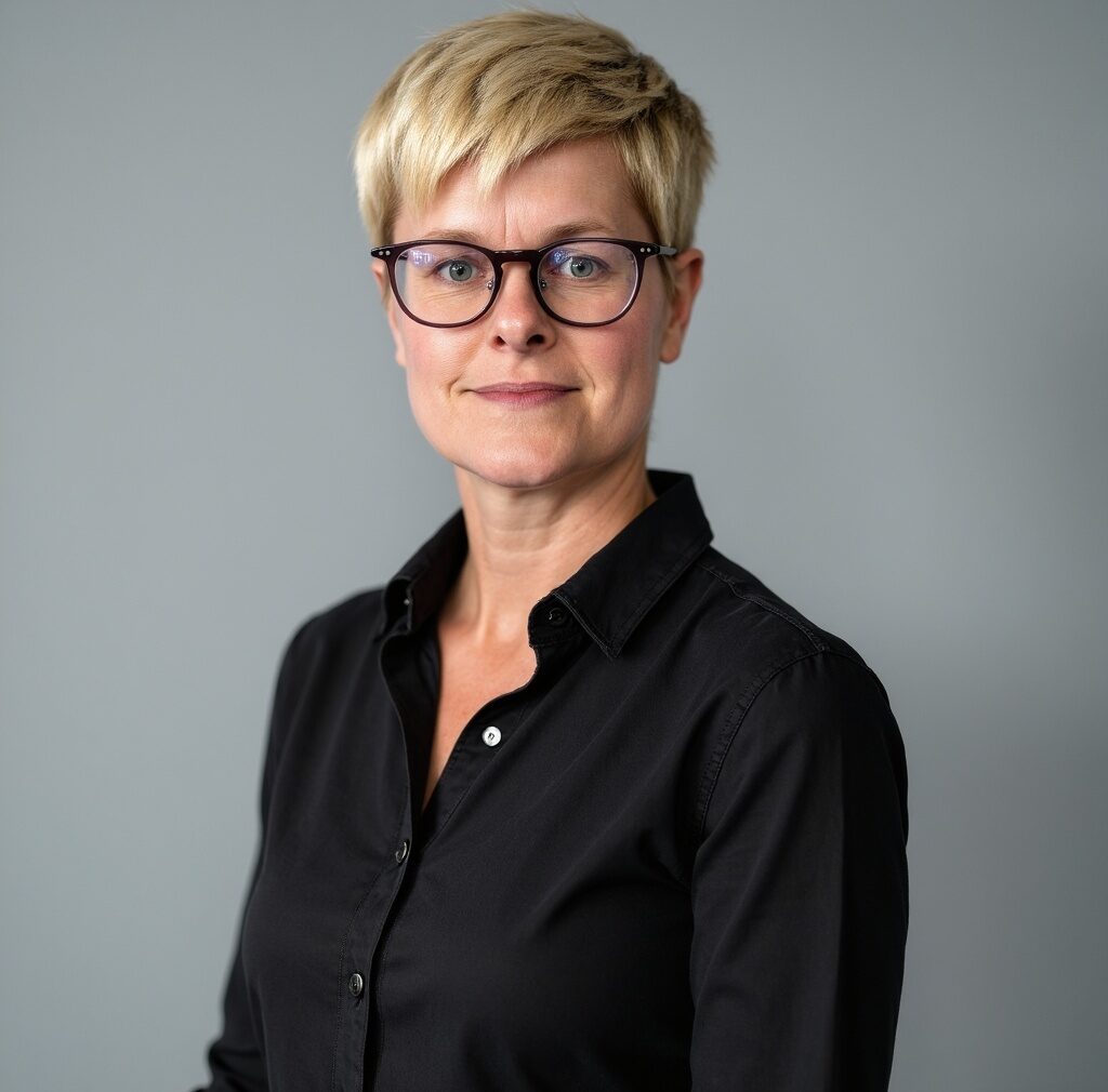 headshot of Sandra, owner of Motor City Gymnastics wearing glasses and a black button-up shirt