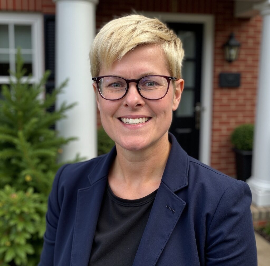 outdoor headshot of Sandra, owner of Motor City Gymnastics, wearing glasses, a black shirt, and a navy blue blazer